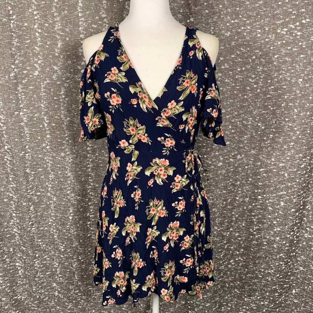 Angie Navy Blue Floral Cold Shoulder Wrap Dress Boho Cottagecore Women's Medium